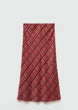 Falda midi de poliéster con forro interior, cintura elástica y estampado de cuadros en tonos rojo, marrón y beige.