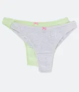 Kit de dos bombachas bikini hilo doble en algodón, una color gris y otra verde claro, ambas con cintura elástica y moño rosa decorativo.