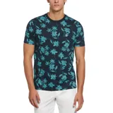 Remera de hombre color azul marino con estampado floral en tonos celeste y turquesa.