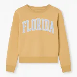 Sweater gris de corte clásico con cuello redondo y puños y cintura acanalados. Estampado frontal con la palabra "Florida" en letras celestes con borde blanco.
