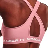 Top deportivo Under Armour naranja con tirantes cruzados en la espalda y banda inferior blanca con logo de la marca.