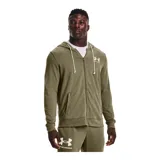 Campera Under Armour Rival Terry, color gris jaspeado, con cierre frontal completo, capucha con cordones ajustables y logo estampado en el pecho.