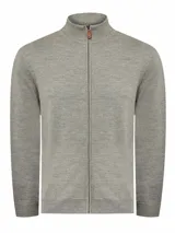 Sweater gris de lana merino extrafina, con cuello alto, cierre completo y bolsillos frontales.