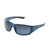 Lentes de sol MDQ modelo Sirsa, con marco rectangular de plástico color celeste y lentes grises con filtro UV.