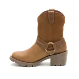 Bota corta Caterpillar color marrón, de cuero y gamuza encerada, con forro de malla de nylon, plantilla de espuma EVA y suela de goma.