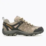 Sneaker de senderismo Merrell Accentor 3 WP, color beige con detalles en negro y cordones bicolores. Capellada de ante y malla impermeable, puntera reforzada, forro de malla reciclada, plantilla de EVA removible, entresuela de EVA ligera, amortiguación Merrell Air Cushion y suela de goma con tracción.