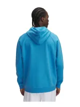 Buzo gris de Under Armour, línea Rival Fleece, con capucha y logo estampado en el frente.