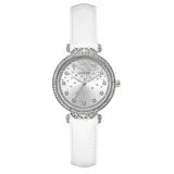 Reloj Guess modelo GW0764L4 para mujer, con correa de cuero blanca y esfera plateada de 32mm con incrustaciones de strass.