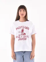 Remera blanca de algodón con estampado de limones y texto en azul.
