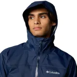 Cortaviento Columbia Evapouration II para hombre, color azul marino. Confeccionado en nylon 100% impermeable con tecnología Omni-Tech. Cuenta con capucha ajustable, cierre en las axilas para mayor transpirabilidad, puños ajustables y cordón en el dobladillo.