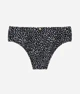 Bombacha de bikini tipo sunkini, color negro con estampado de lunares blancos, de microfibra con laterales fruncidos.