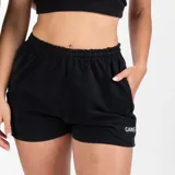 Short negro de algodón y poliéster con bordado en la pierna, cordón de algodón, bolsillos laterales y punteros y ojales en color plata.