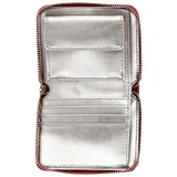 Billetera Guess pequeña, color rojo, con cierre perimetral y logo metálico plateado en el frente.