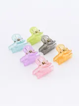 Pack de seis pinzas pequeñas para el pelo en colores celeste, verde, gris, naranja, lila y rosa.