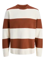 Sweater de punto jacquard con rayas horizontales anchas color marrón y blanco, cuello redondo y mangas largas.