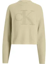Sweater de punto color beige con cuello redondo y logo CK en el frente. Corte cropped y textura de canalé.