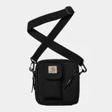Bandolera negra Carhartt WIP Essentials, con correa ajustable, logo bordado en la solapa, bolsillo frontal con cierre y compartimento principal con cierre.