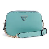 Bandolera Guess modelo Noelle, color turquesa, con doble compartimento con cierre y logo triangular dorado en el frente. Incluye correa de cuero sintético y cadena dorada.