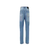 Pantalón de jean de corte recto, color azul oscuro, con cinco bolsillos y logo de CAT en la parte trasera.
