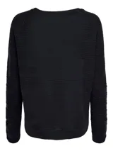 Sweater azul marino de punto con textura horizontal, cuello redondo y mangas largas.
