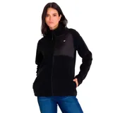 Campera polar de mujer Caterpillar, color negro con detalles en lila. Cuenta con cierre frontal, bolsillo en el pecho con cierre y bolsillos laterales.