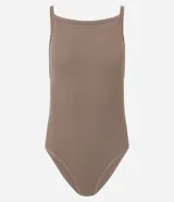 Body de mujer color blanco hueso, confeccionado en tejido de poliamida seamless acanalado. Presenta escote cuadrado y tirantes finos.