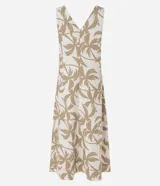 Vestido midi evasê sin mangas, confeccionado en viscolino con estampado de follaje, escote en V y espalda descubierta.