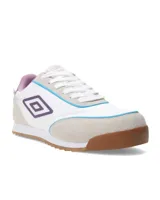 Championes urbanos Umbro modelo Lane Lady, color blanco con detalles en violeta y celeste. Presentan logo Umbro en el lateral y suela marrón.
