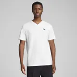 Remera blanca de algodón con cuello en V y logo de Puma bordado en negro en el pecho.