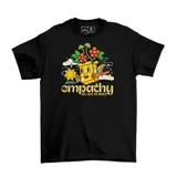 Remera negra de algodón con estampa de un personaje de caricatura con flores y la frase "Empathy will save the world".