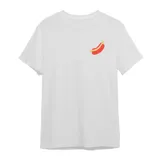 Remera blanca de manga corta con estampado de un pancho con mostaza en el pecho.