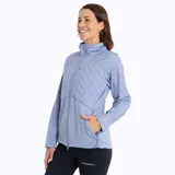 Buzo celeste con cuello alto, cierre de cremallera, elástico ajustable en la cintura y bolsillos laterales.