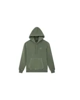 Buzo hoodie verde militar con capucha, bolsillo tipo canguro y logo bordado en el pecho.