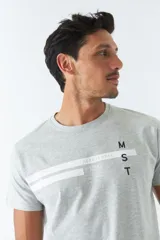 Remera de hombre color gris con logo y arte estampado en el frente, corte regular y mangas cortas.
