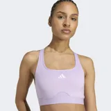 Top deportivo de mujer, color lila, con escote cuadrado, espalda cruzada (racerback) y paneles de malla estratégicamente colocados. Presenta acolchado removible y logo Adidas en el pecho.