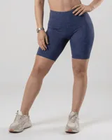 Calza biker azul jaspeado de tiro alto, confeccionada en algodón y lycra opaca.