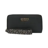 Billetera Guess Easley negra con cierre de cremallera, logo de la marca en dorado y correa de muñeca con estampado del logo de la marca.