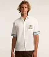 Camisa masculina de algodón con corte boxy, cuello con solapa y rayas, abotonado delantero, bolsillo con estampa floral y estampa trasera de palmera con la palabra 'Paradise'.
