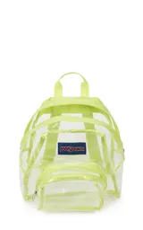 Mochila mini transparente con detalles en color lila pastel, marca JanSport.