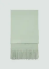 Bufanda rectangular color verde claro, de tejido de punto con terminación de flecos.