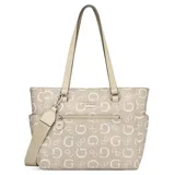 Cartera tipo tote Guess modelo Madix, color caramelo con estampado del logo de la marca en tono sobre tono. Tiene doble asa de hombro, correa bandolera extraíble y múltiples compartimentos internos.