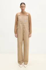 Mono color beige de corte recto, con cintura normal con cierre de botón, pierna recta de largo completo, dos bolsillos laterales oblicuos, dos bolsillos deslizantes en la parte inferior y bolsillo tipo canguro en la parte delantera.