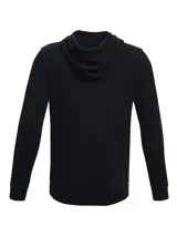 Campera Under Armour Rival Terry, color gris jaspeado, con cierre frontal completo, capucha con cordones ajustables y logo estampado en el pecho.