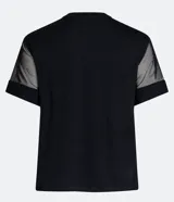 Blusa negra de viscosa con cuello redondo y mangas cortas de tul.