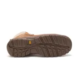 Bota de trabajo Caterpillar color marrón, con puntera de acero y cuello acolchado en color beige. Cuenta con cordones redondos marrones, ojales metálicos y suela de goma antideslizante.