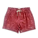 Traje de baño color rojo con estampado de hojas, elástico en la cintura y tres bolsillos.