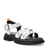 Sandalias blancas con tiras de cuero sintético con tachas plateadas en forma de estrella, hebilla lateral y suela track color negro.