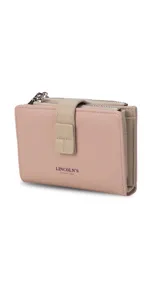 Billetera mediana de símil cuero color blanco hueso con detalles en rojo coral. Posee una presilla de cierre en la parte frontal y cierres de cremallera visibles en el borde superior.