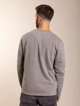 Sweater gris de cuello redondo y manga larga con logo bordado en el pecho.