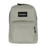 Mochila clásica de color gris claro con compartimento principal y bolsillo frontal con cierre. Incluye bolsillos laterales, compartimento interno para notebook y etiqueta frontal con la marca Terrano.